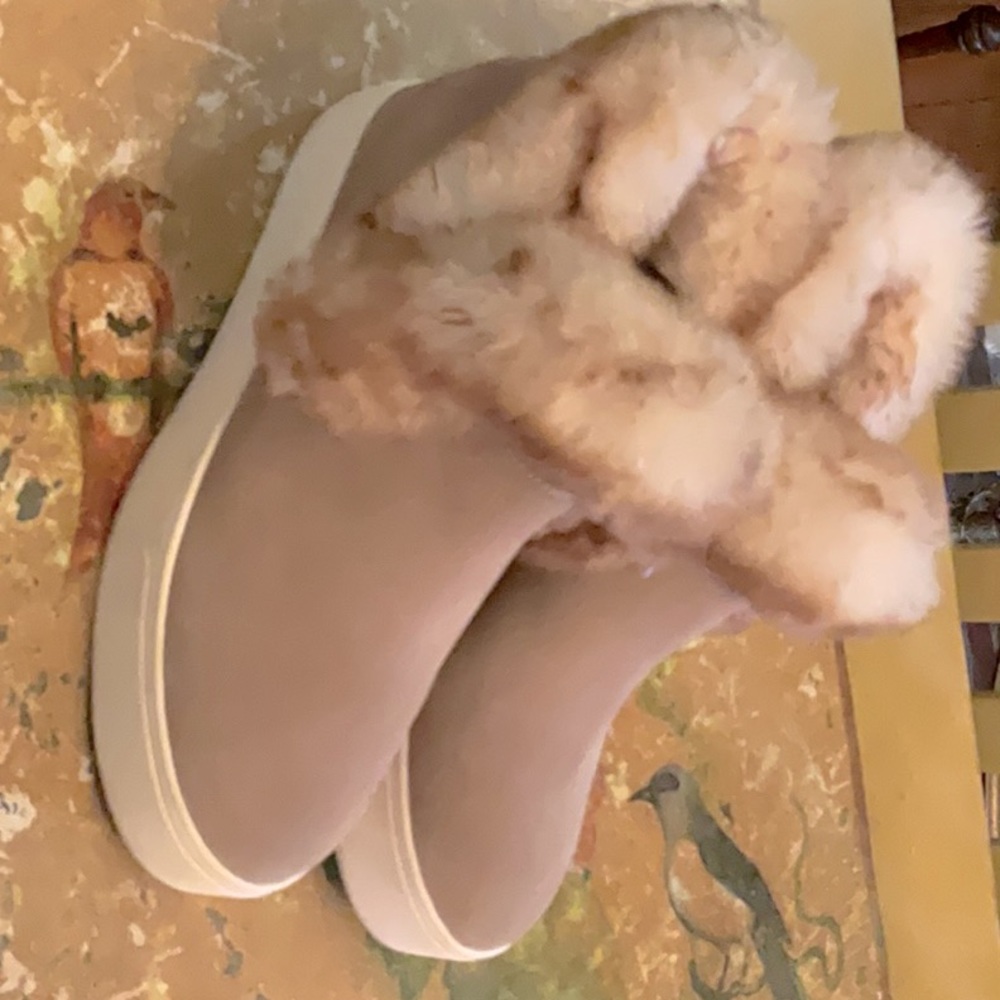 J Slides, tan suede with brown and white faux fur, cream rubber soles, size 7.5